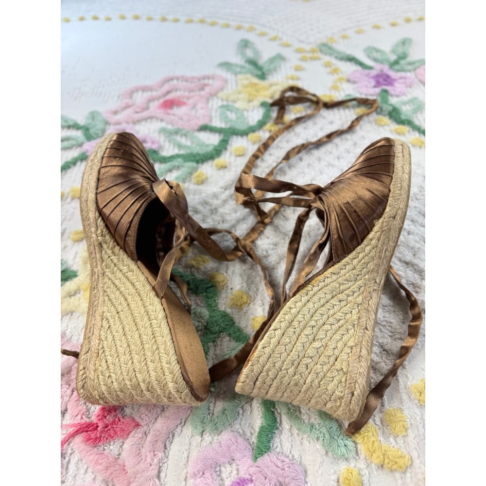 Newport News Bronze Satin Ribbon Tie Espadrille Wedge Sandals 10245 Size 8 - Picture 5 of 7